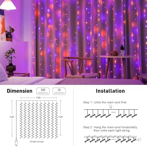 JMEXSUSS 300LED Halloween Curtain Lights, Orange and Purple, 9.8x9.8ft - Image 5