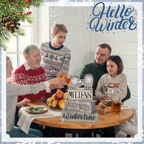 Lineshading 4 Pcs Winter Table Decorations Wooden Mittens Decor Winter Tiered Tray Decor Rustic Snowflake Mittens Block Signs Gift Farmhouse Christmas Centerpiece for Wonderland Party Kitchen Home - Image 4
