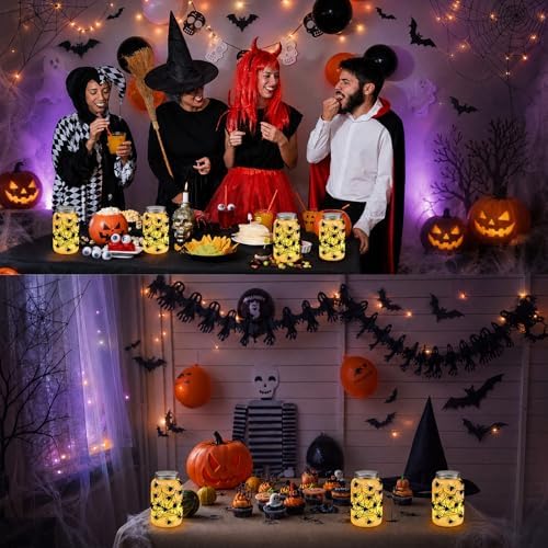 Qinyoung 12 Pcs Halloween Spiderweb Craft Spiders Mason Jars with LED Light - Image 5