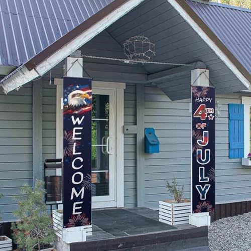 doginthehole Happy 4th of July Decorations Door Banner 2pcs Set Welcome Porch Sign Cool Bald Eagle Hanging Flag Patriotic Decor Outdoor Red White Blue - Image 4