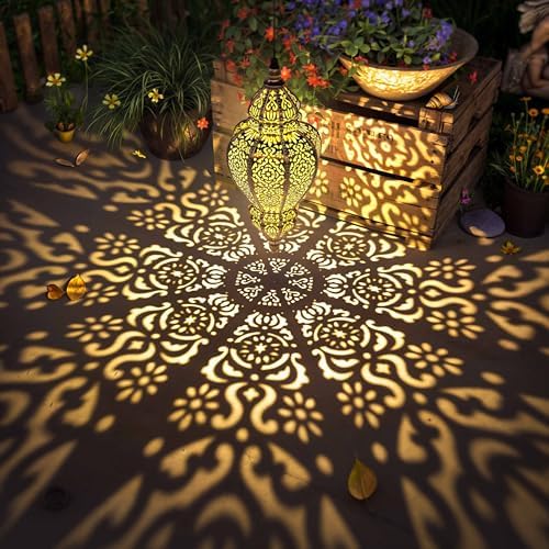 Hapjoy Moroccan Hanging Solar Lights Outdoor Lantern Bidirectional Availabili Garden Decor Waterproof Plastic Gold Decorations for Patio Pathway Yard Backyard Solar Powered Garden Decorative (2, gold) - Image 5