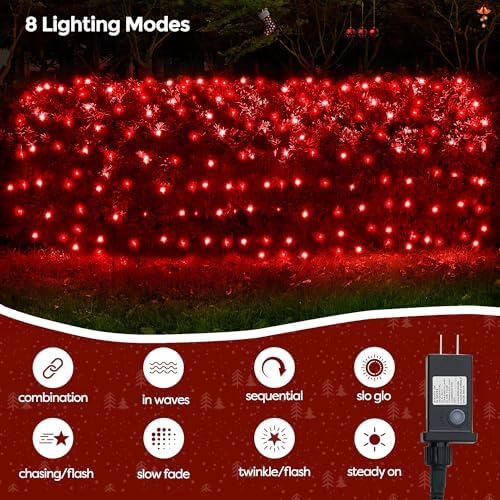 WBao Christmas Lights, 200LED 8.4ft x 5.2ft Net Lights Outdoor Mesh Light with 8 Modes, Timer, UL Certified, End to End Connectable, Waterproof for Lawn, Bushes Outdoor Christmas Decorations, Red - Image 2
