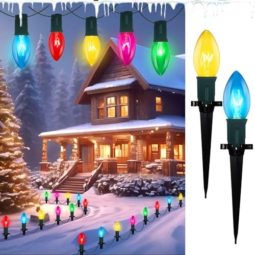 C9 Outdoor Christmas Lights with 38 Feet, 25 Multicolor Incandescent Bulbs and Stakes, Waterproof Shatterproof Pathway Markers for Path, Lane, Patio, Xmas Holiday by Romasaty