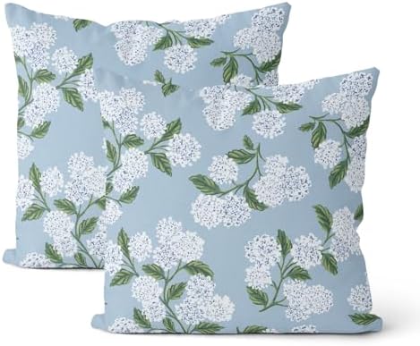 Light Blue Pillow Covers 16x16 Inch 2 Pcs Blue Green Hydrangea Flower Decor Throw Pillows Vintage Floral Seasonal Spring Summer Outdoor Decoration Pillowcase Linen Cushion Cover for Couch Sofa by DAFENA