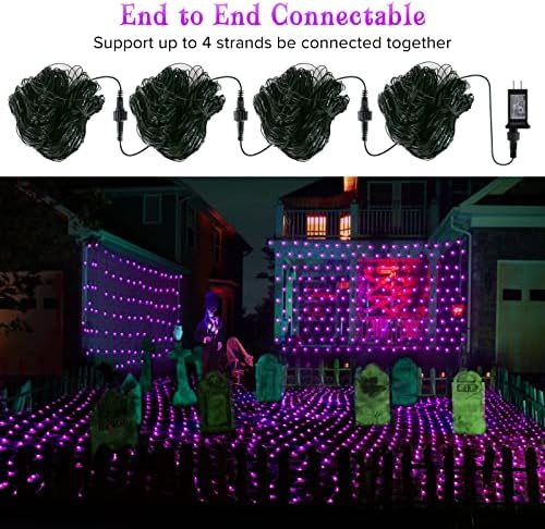 BlcTec Halloween Net Lights, 200 LED 8.4ft x 5.2ft Purple Halloween Lights with 8 Modes, Timer, Connectable, Waterproof and Green Wire Design for Trees, Bushes Outdoor Decorations - Image 7