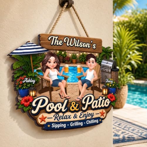 Personalized Welcome To Our Pool & Patio Wood Sign, Relax Enjoy Sipping Grilling Chilling Sign, Gift For Couple, Husband, Wife, Summer Porch, Patio, Bar Decoration - Image 3