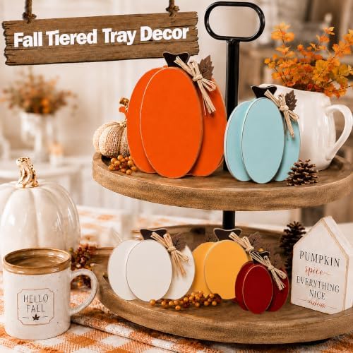 Wooden Pumpkin Fall Decor, 5-Piece Indoor Fall Decorations for Home, Rustic Harvest Autumn Thanksgiving Pumpkin Signs with Wooden Leaves for Tiered Tray, Table, Entryway, Mantel, Shelf, Office Desk - Image 4