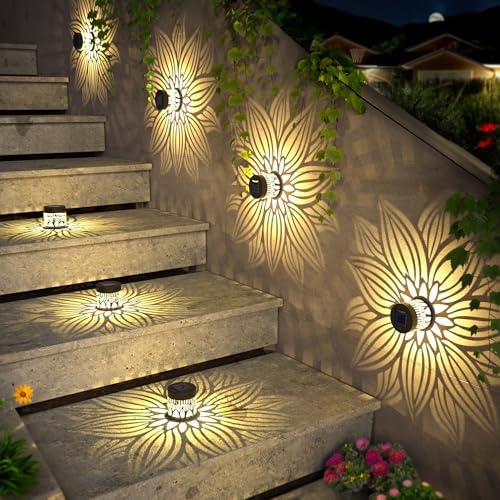 Hapjoy Solar Fence Lights 2 Pack Outdoor Deck Step Wall Lights Metal Waterproof LED Warm Yellow Light for Garden Post Patio Backyard Yard Decor (Flower, 2) - Image 4