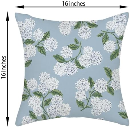Light Blue Pillow Covers 16x16 Inch 2 Pcs Blue Green Hydrangea Flower Decor Throw Pillows Vintage Floral Seasonal Spring Summer Outdoor Decoration Pillowcase Linen Cushion Cover for Couch Sofa - Image 6
