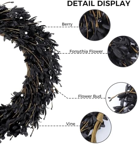 Ureymx 20'' Artificial Forsythia Wreath Spring Summer Fall Winter Wreaths for Front Door with Berries Silk Leaves Wreath for Halloween Decorations Porch Wall Window Indoor Outdoor Home Decor (Black) - Image 2
