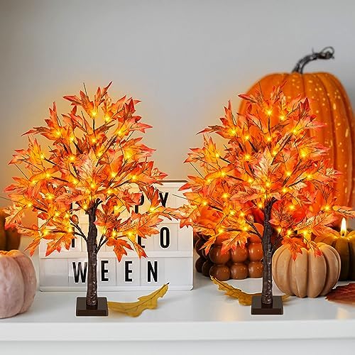 2 Pack 24 Inch Fall Lighted Maple Tree with 72 LEDs, 144 Leaves, 12 Acorns, Timer Battery Operated, 2Ft Thanksgiving Decorations Table Lights Tree for Autumn Wedding Party Gift Indoor Harvest Home - Image 7