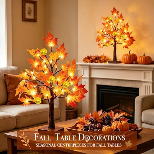 TURNMEON Fall Decor 2 Pack 24 Inch Prelit Fall Maple Tree 48 LEDs Timer - Image 6