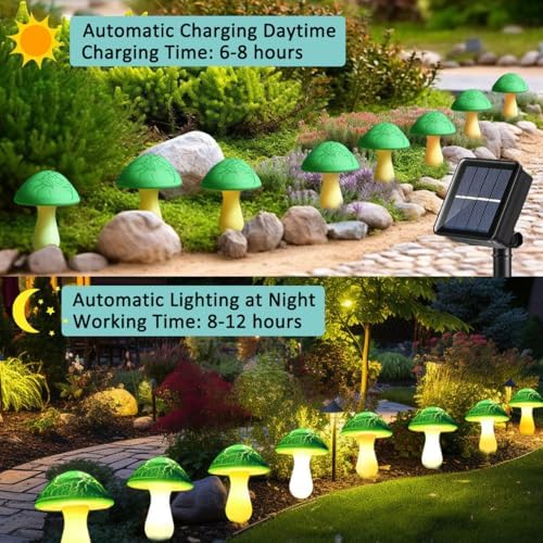 Solar Mushroom Lights Garden Decor 8 Green Crack Mushrooms Outdoor Decor Stake Lights Waterproof Solar Pathway Light Gardening Gifts for St Patrick's Day Easter Gnomes Yard Halloween Xmas Decorations - Image 5