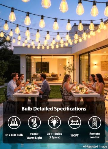 100FT Outdoor String Lights with 36+1 S11 LED Bulbs, Waterproof Dimmable Patio Lights with Remote, Shatterproof E12 Hanging Bistro Lights for Backyard, Porch, Garden, Deck Outdoor Decor - Image 6
