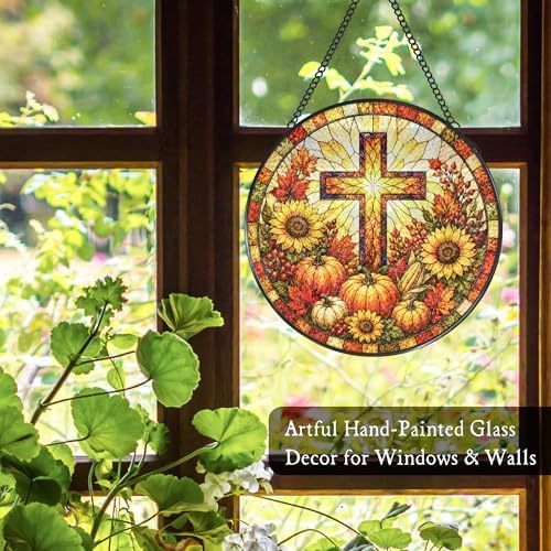 Cross Fall Stained Glass Gift Window Hanging Suncatcher 7.8x7.8 in - Image 4
