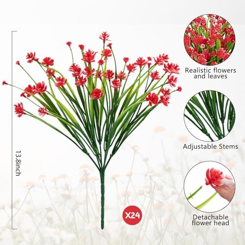 Ouddy Decor 24 Bundles Artificial Flowers for Outdoors Decorations, Red - Image 2