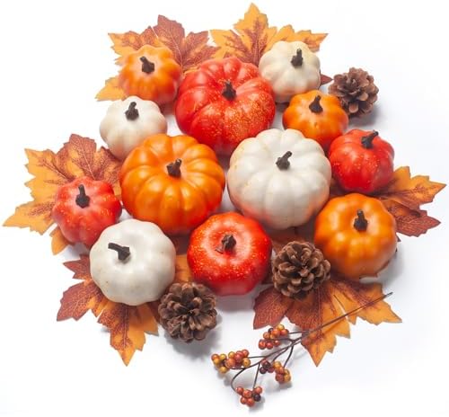 Pumpkin Decor Set, 22 PCS Fall Harvest Decorations - Orange Artificial Pumpkins, Pine Cones, Berries, Maple Leaves for Bowl Filler Tiered Tray Thanksgiving Halloween Baby Shower Wedding Wreath by GHGMAO