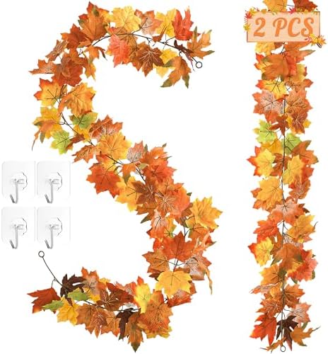 2Pack 11.8FT Fall Garland for Mantle Indoor Outdoor Thanksgiving Decor by Helimoto