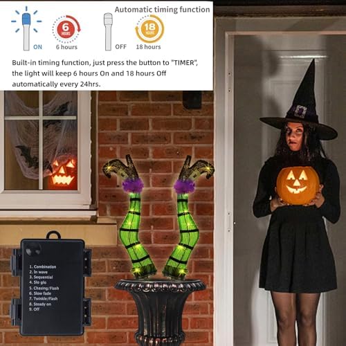 Juegoal Set of 2 Halloween Lighted Wicked Witch Legs with Stakes, 22" Light Up Tinsel Witch Prop, Halloween Yard Signs Timer & 8 Modes, Battery Operated for Outdoor Party Haunted House Garden Decor - Image 4