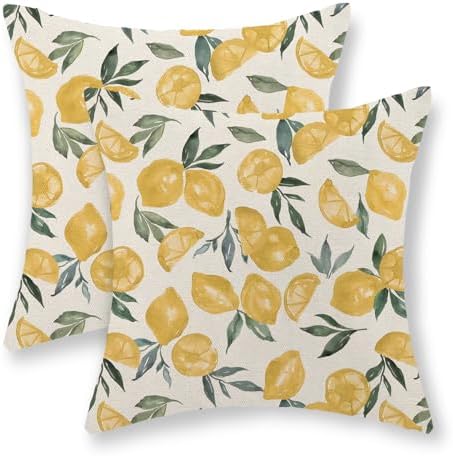 Summer Pillow Covers 16x16 Inch Set of 2 Yellow Lemon Pillow Covers Summer Outdoor Decorative Pillow Cases Linen Farmhouse Yellow Cushion Covers Decor for Couch Living Room Bedroom Sofa by JEFERSO