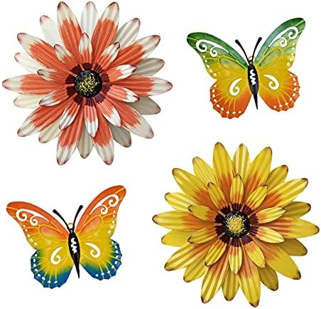 Meduofon Metal Flowers Outdoor Wall Decor, 4 Pack Metal Flower & Butterfly Wall Art Decor Outdoor or Indoor, Wall Sculptures for Deck Decor, Garden Fence, Yard, Patio, Porch, Bedroom, Living Room by MeduofonProvidehigh-qualityproductsandfirst-classservice