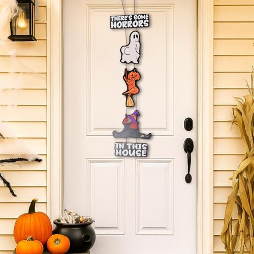 Halloween Decoration Funny Ghost There's Some Horrors in This House Welcome Wall Signs Door Wreath for Front Door Sign, Fall Sign Hanging for Home Wall Party Outdoor Supply Decor Gifts 36.2×8.3 Inch - Image 6
