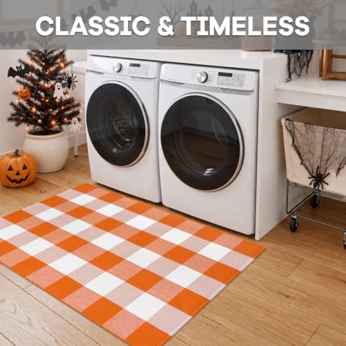 IOHOUZE Fall Buffalo Plaid Door Mat 27.5x43, Washable, Orange White - Image 4