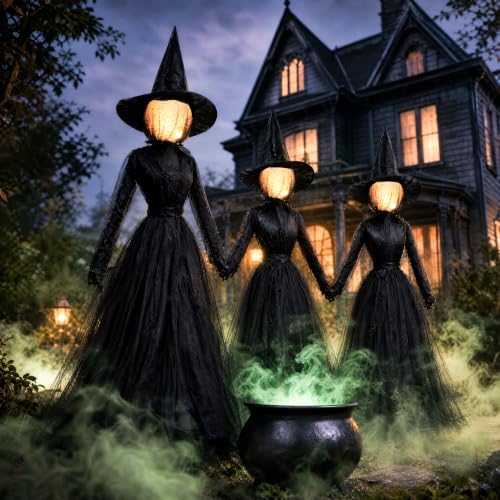 TW SHINE Halloween Witch Decorations Outdoor, 6 FT Set of 3 Holding Hands Witches Stakes with Glowing Face, Lighted Halloween Decor for Party Yard Lawn Porch Garden Haunted House Props - Image 4