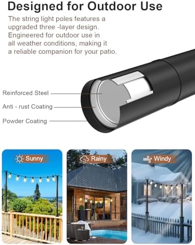 4 Pack String Light Poles for Deck, 5Ft Upgraded Heavy-Duty Metal Deck Light Poles for Outside with Fixing Clips, Lighting Hanging Post Accessories for Patio Decor Garden Backyard Yard Fence Porch - Image 5