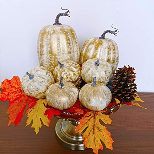 7 Pcs Assorted Sizes Fall Artificial Pumpkins Harvest Pumpkins Faux Foam Pumpkins for Fall Autumn Season Halloween Thanksgiving Harvest Holiday Season Festive Tabletop Decoration (Gold Brush White) - Image 6