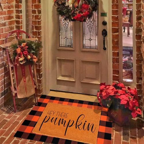 Fall Decor Door Mat Combo Set, Welcome Mat + 28 x 43 Inches Orange Black Checkered Buffalo Plaid Area Rugs for Autumn Thanksgiving Halloween Home Decorations Hey There Pumpkin - Image 4