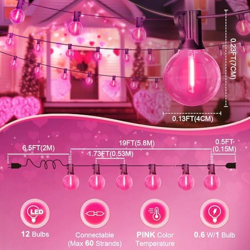 LAMPHOME LED Outdoor String Light, 26Feet Patio Lights with 12+1Edison Shatterproof Bulbs(1Spare), UL Waterproof Outside Lights connectable Dimmable for Backyard Porch Decor,Pink - Image 3