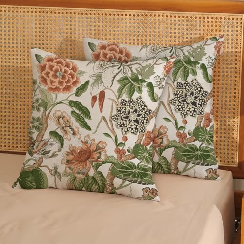 Sage Green Boho Pillow Covers 16x16 Inch 2 Pcs Chinoiserie Burnt Orange Floral Bird Decor Throw Pillows Vintage Flower Seasonal Outdoor Farmhouse Pillowcase Linen Cushion Cover for Couch Sofa - Image 2
