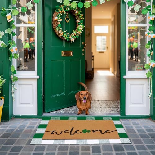 Drydiet Layered Welcome Door Mat with Clover, Green White Plaid Non Slip - Image 4