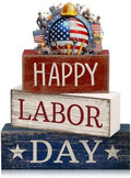 Moucuny 4 Pcs Labor Day Red White Blue Wooden Block Signs Table Decor by Moucuny