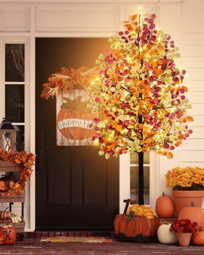 Agusbagli 7FT 128LED Artificial Lighted Fall Eucalyptus Tree, Fall Decorations for Home with Timer Dimmable 8 Modes Fall Light Up Tree with 768 Leaves for Indoor Outdoor Autumn Thanksgiving Decor - Image 6
