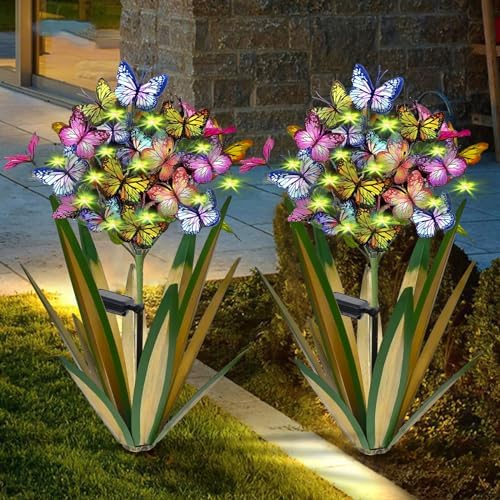 Homight Solar Metal Agave Butterfly Flower Stick Garden Sculpture Outdoor Gift Solar Garden Christmas Lights Swaying Butterfly Garden Lights Solar Outdoor (2 PCS Light Green) by HomightCentennial