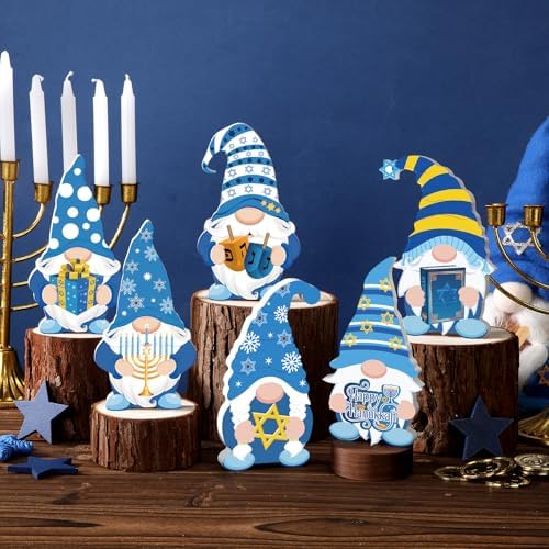 Tradder 6 Pieces Hanukkah Gnomes Decorations Wooden Chanukah Gnomes Signs Table Centerpieces Jewish Wood Blocks Gifts Ornaments for Holiday Party Supplies Home Tiered Tray - Image 3