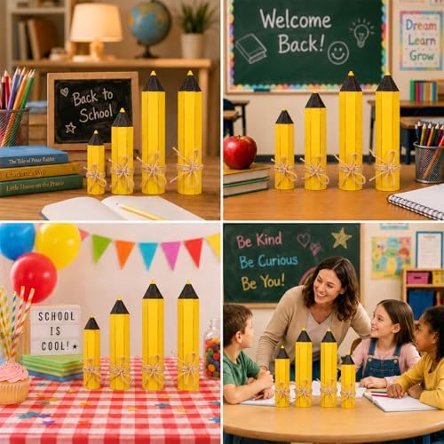 Yousoontic 4 Pcs Back to School Table Decor Wooden Pencil Block Signs Rustic Farmhouse Wood Pencil Tabletop Centerpieces for The First Day of School Home Classroom Desk Shelf Tiered Tray Decor - Image 6