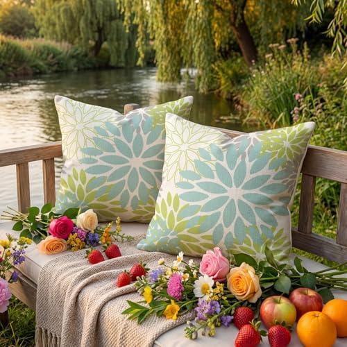 AVOIN colorlife Dahlia Flowers Aqua Waterproof Outdoor Throw Pillow Covers, 18 x 18 Inch Outdoor Summer Cushion Case Decoration for Patio Garden Porch Set of 2 - Image 4