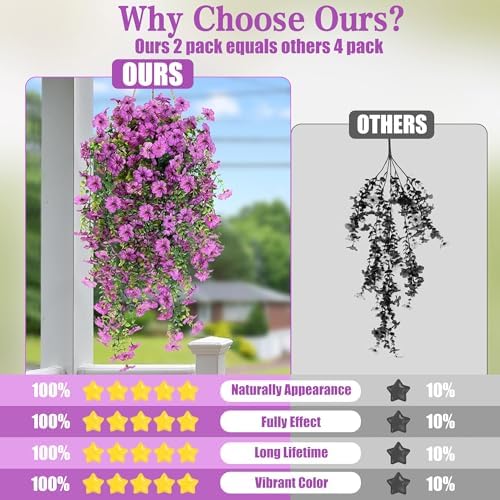 Sggvecsy Artificial Fake Hanging Flowers Plants for Outdoor Outside Spring Summer Decoration 2PCS Faux Silk UV Resistant Realistic Mums Daisy with Eucalyptus for Home Porch Patio Balcony(Magenta) - Image 4