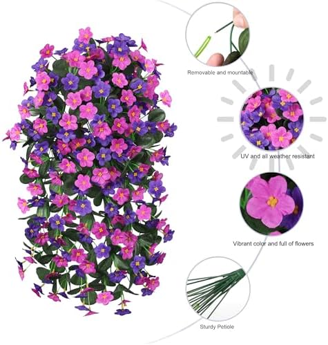 Artificial Fake Hanging Flowers Plants for Outdoor Spring Summer Decoration, 2PCS Faux Silk Daisy Flower Look Real UV Resistant Orchid Vine for Home Outside Garden Wall Indoor(Dark Purple and Fuchsia) - Image 4