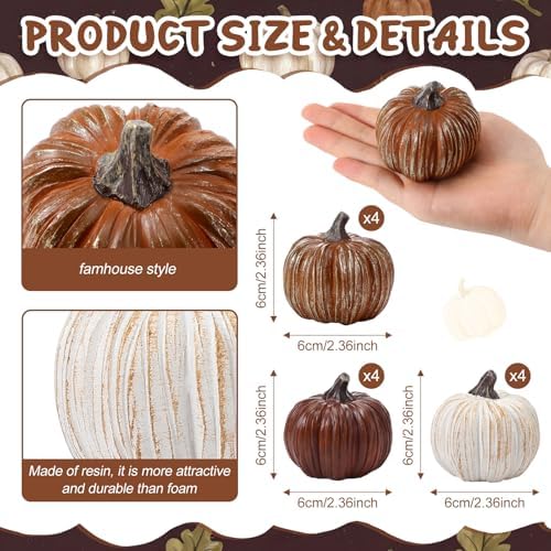 Geelin 12 Pcs Brown Rustic Fall Pumpkin Decor Resin Pumpkins for Thanksgiving Decorations Farmhouse Decorative Pumpkins 2.36" for Fall Home Decor Autumn Tabletop Centerpiece Harvest Wedding - Image 3