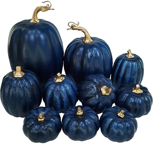 Winlyn 10 Pcs Assorted Navy Blue Artificial Pumpkins Dark Blue Pumpkins Decorative Pumpkins Faux Foam Pumpkins for Fall Farmhouse Thanksgiving Halloween Table Centerpiece Kitchen Table Mantel Décor by Winlyn