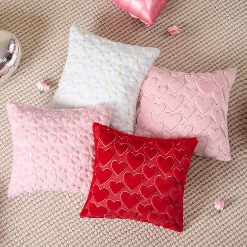 Softalker Red Heart Pillow Covers 18 x 18 Inch Set of 2, Mother's Day Decorative Soft Faux Fur Cushion Covers, 3D Embroidered Pillow Cases for Spring Summer Home Decor - Image 6
