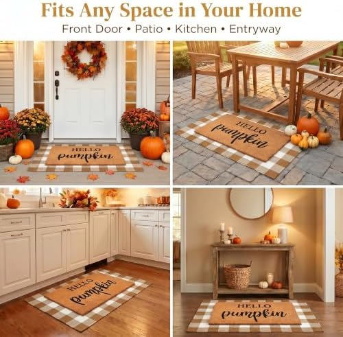 Fall Decor Door Mat Combo Set, 100% Coco Coir Welcome Mat + 28 x 43 Inches Coffee and White Plaid Rug - Fall Thanksgiving Front Porch Entryway Floor Doormat, Indoor Outdoors Autumn Mats Hello Pumpkin - Image 5