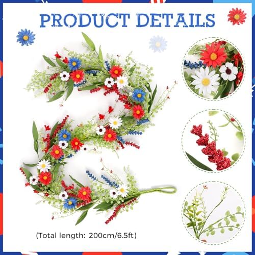 6.56 Ft 4th of July Flower Garland Wreath Patriotic Red Blue White Daisy Vine Garland Artificial Wild Floral Garland for Independence Day Arch Porch Stair Table Indoor Door Home All Year - Image 3