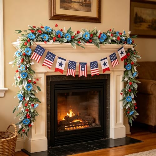 6.5 Ft Patriotic Garland Red White Blue Flowers Garland for Memorial Day Independence Day and Veterans Day 250th Anniversary Artificial Flora Decor for Fireplace Door Home Mantle Table by Unknown
