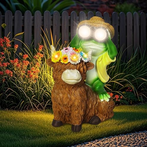 EDOF Solar Garden Lights Frog Sitting on Highland Cow Statue Flower Decor by EDOF