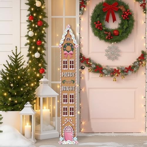 Threehoney 47" Large Christmas Porch Sign Pink Gingerbread House Candy Welcome Sign Pastel Christmas Porch Decor Tall Wooden Front Door Decor Gift for Home Xmas Holiday Farmhouse Outdoor Yard Entryway by Threehoney